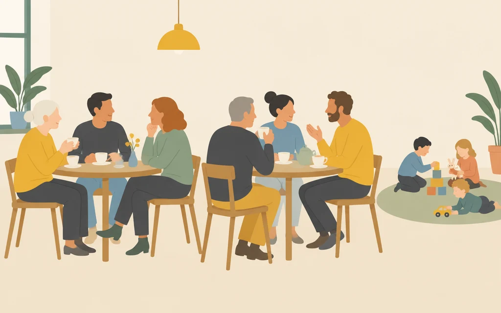 Volwassenen zitten aan tafels in een café en praten met elkaar; in een hoek spelen kinderen.