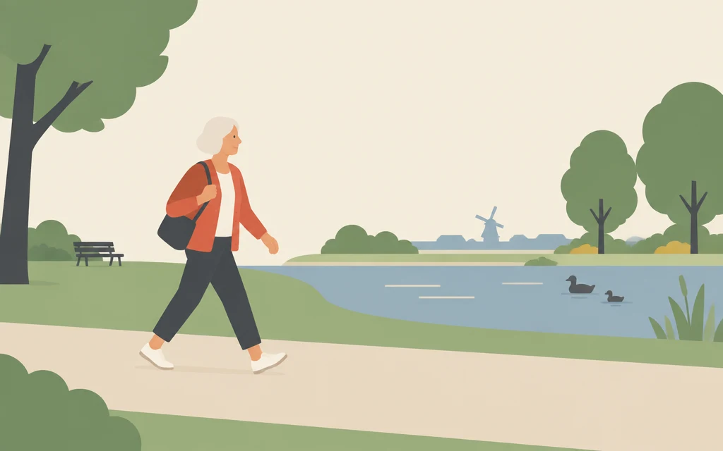 Een vrouw wandelt over een pad in een park.