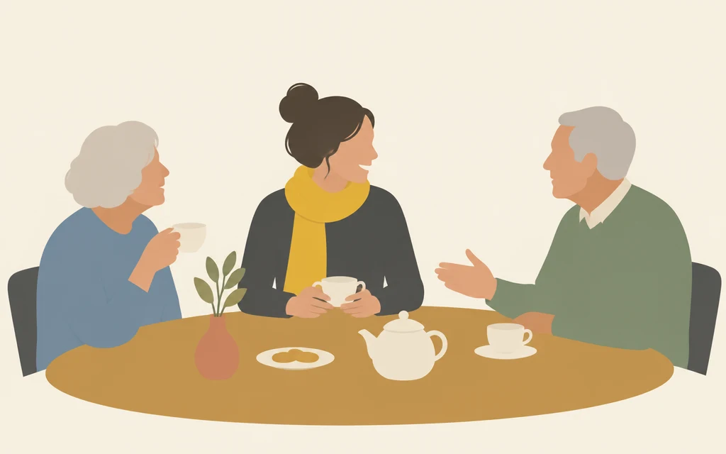 Roos zit met twee oudere familieleden aan tafel en drinkt thee.