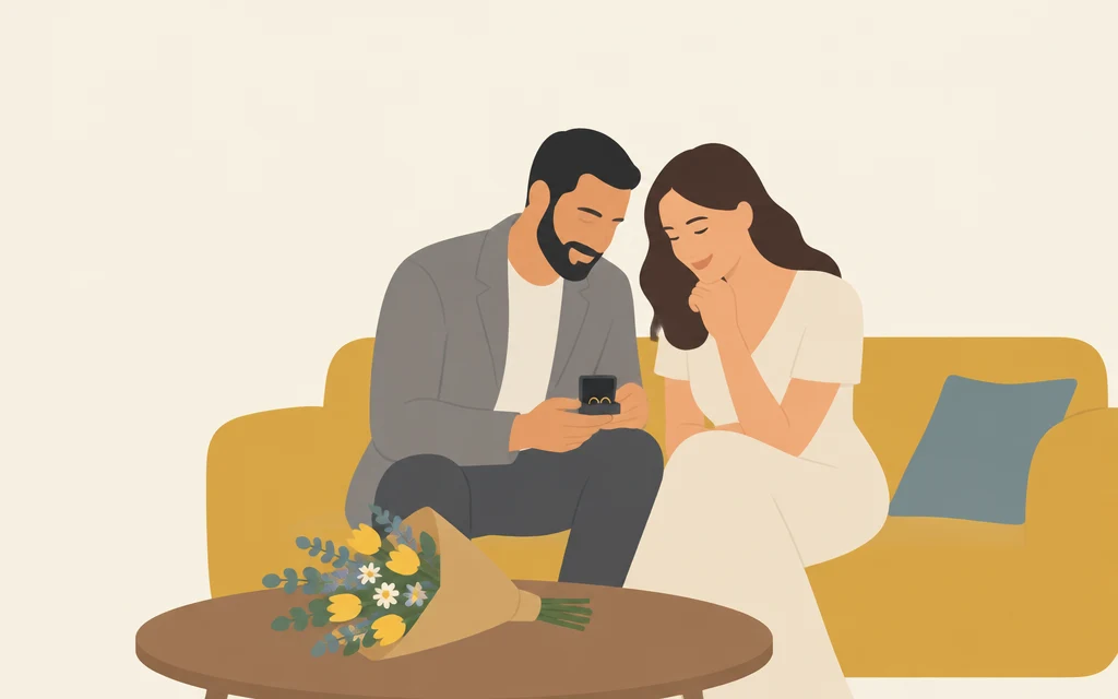 Karim zit met een vrouw op de bank; zij kijken naar een doosje met twee ringen.