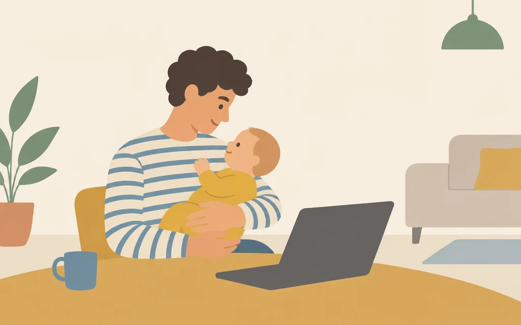 Julio houdt een baby vast in de woonkamer; op tafel staat een laptop.