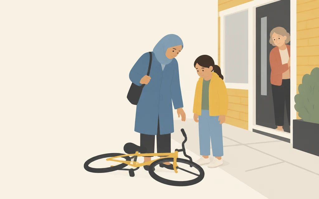 Fatima en een meisje staan bij een fiets die op de stoep ligt; een buurman kijkt toe.