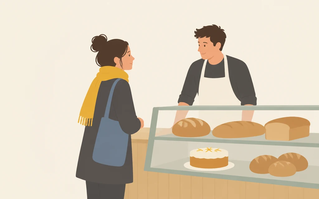 Roos staat bij de toonbank van een bakkerij en praat met de verkoper.