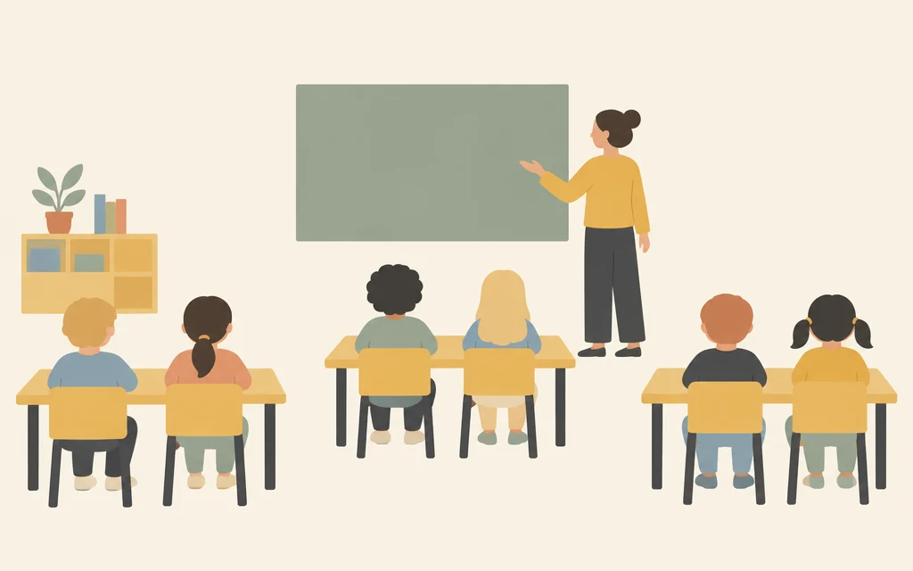 Een klaslokaal met kinderen aan tafeltjes en een leraar voor de klas.