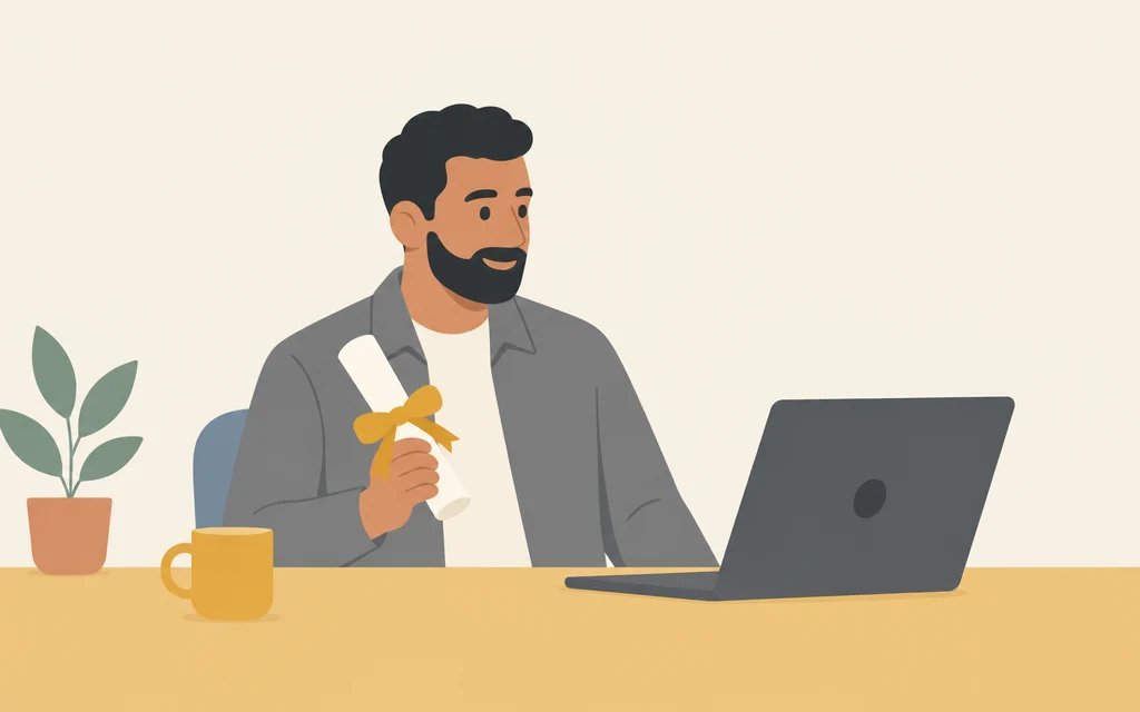 Karim zit aan een tafel met een opgerold document in zijn hand.