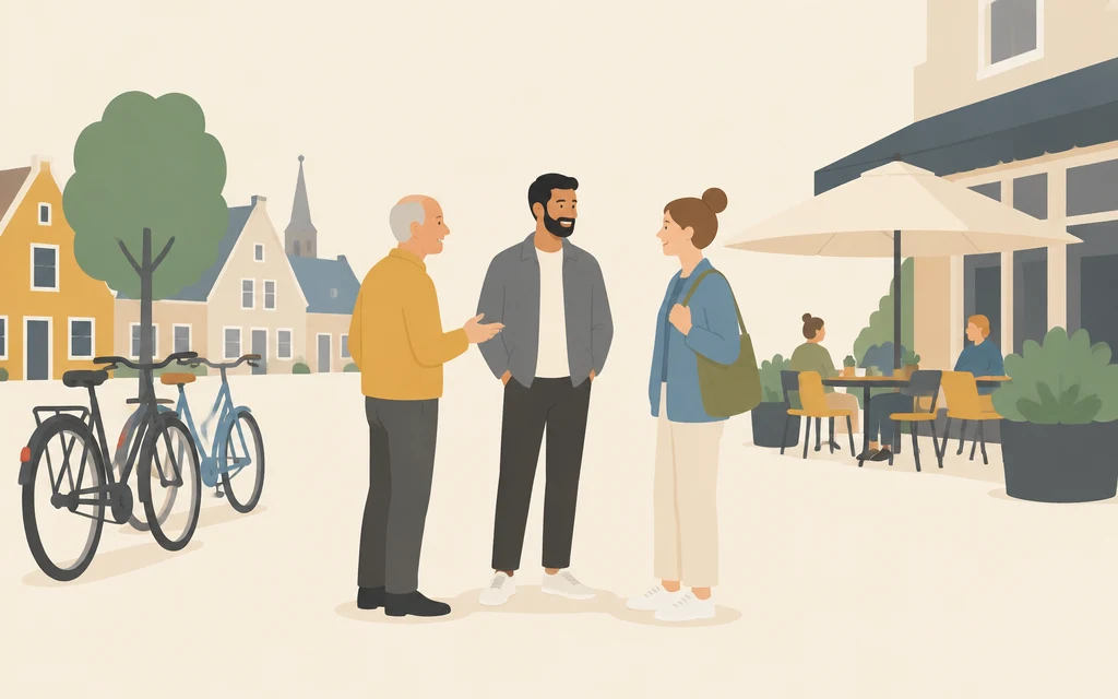 Karim staat op een plein en praat met een oudere man en een jonge vrouw.