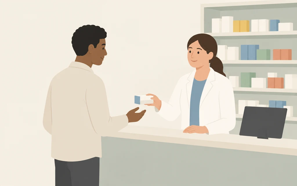 Modibo krijgt een doosje van de assistente bij de apotheek.