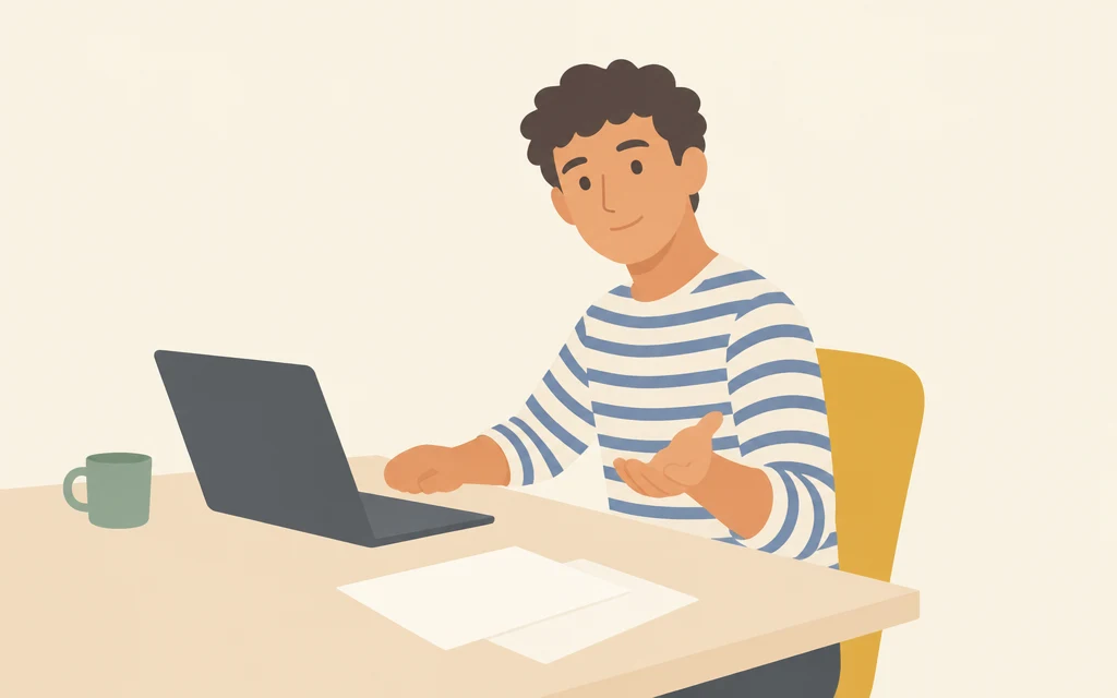 Een jonge collega aan een bureau kijkt u aan.