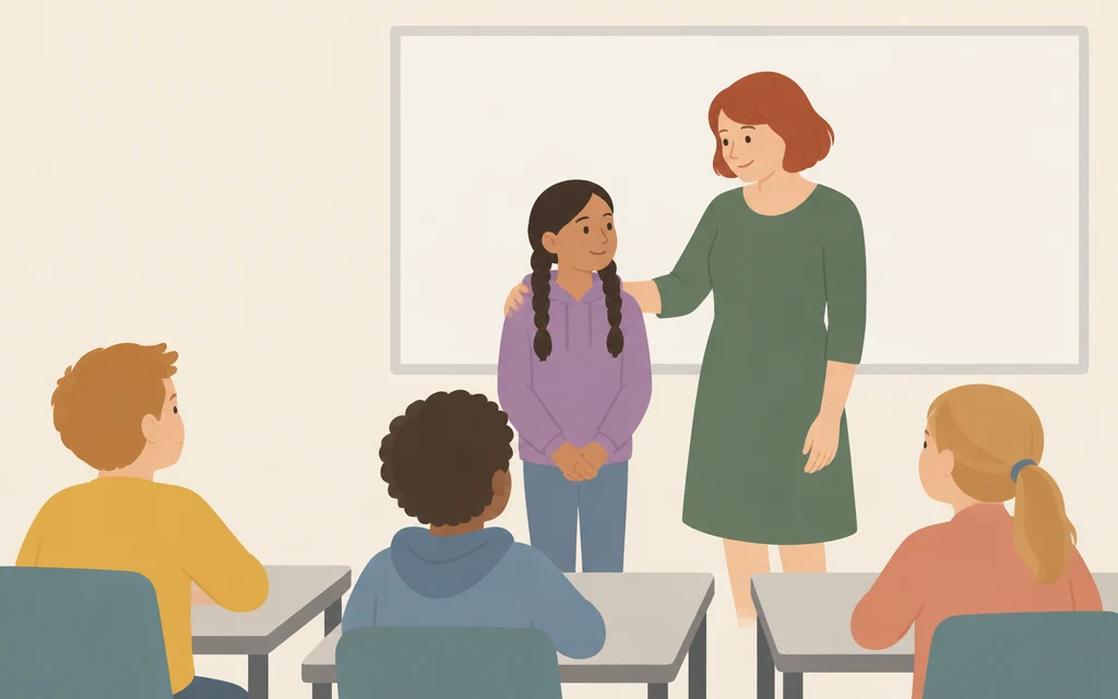 Een meisje staat voor de klas naast de juf; de kinderen kijken naar haar.