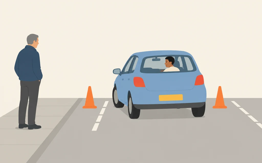 Een jonge man parkeert een auto tussen twee pionnen.