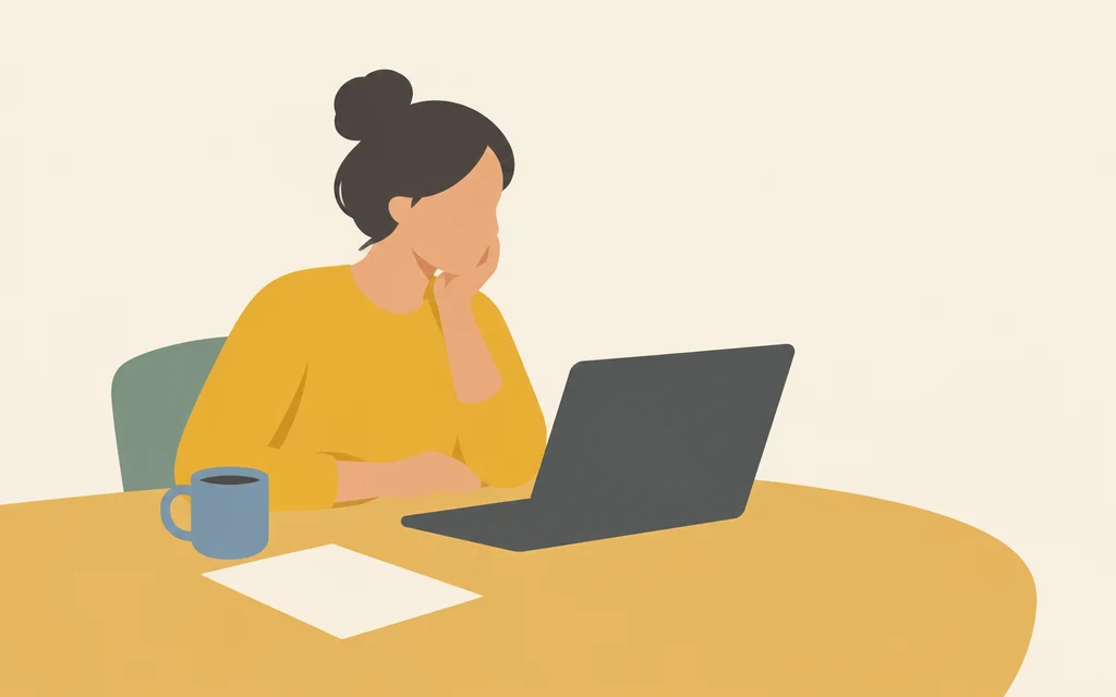Iemand zit aan een keukentafel met een laptop en een vel papier.