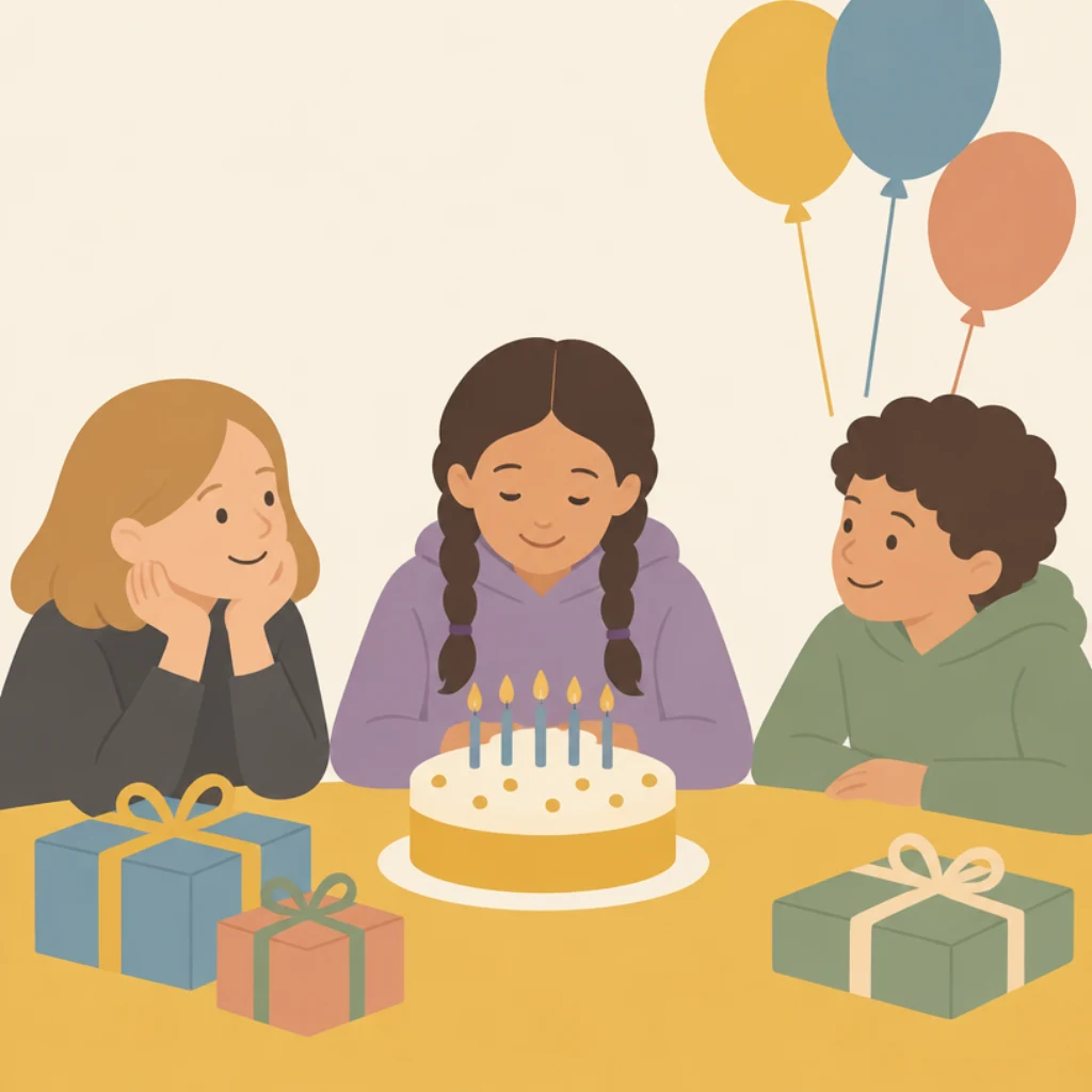 Een meisje zit met twee vrienden aan een tafel met een taart en ballonnen.