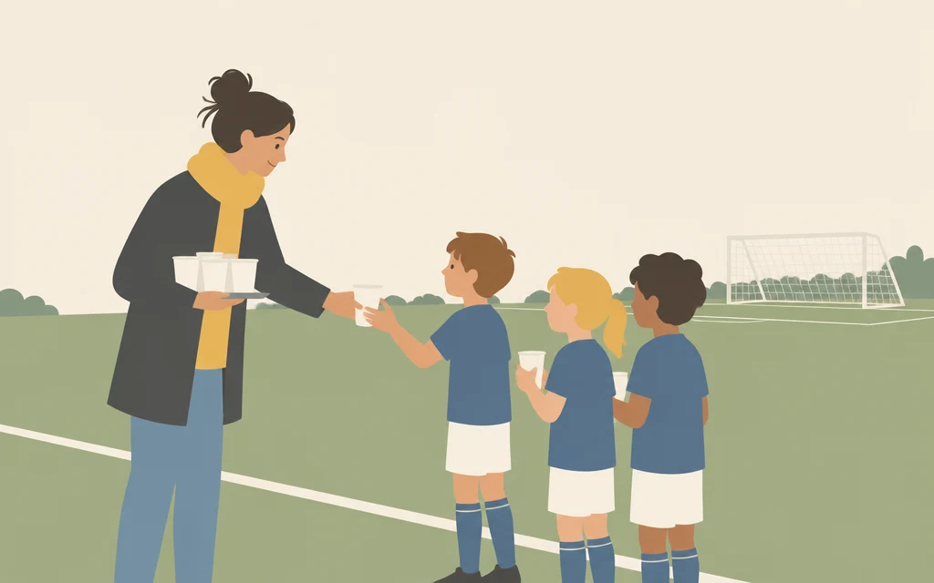 Roos deelt langs een sportveld bekers water uit aan kinderen in sportkleding.
