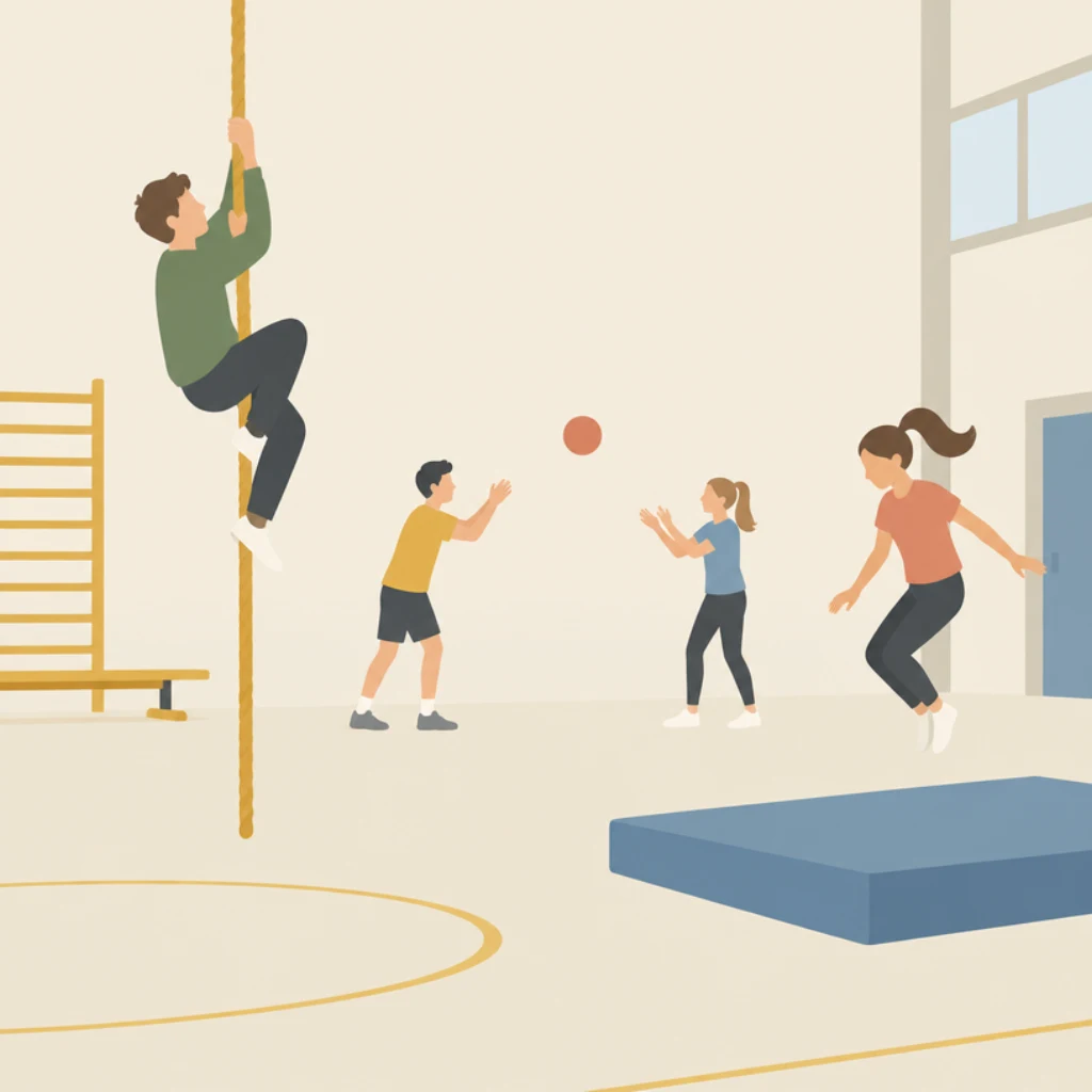 Leerlingen sporten in een gymzaal: een jongen klimt in een touw, anderen spelen met een bal.