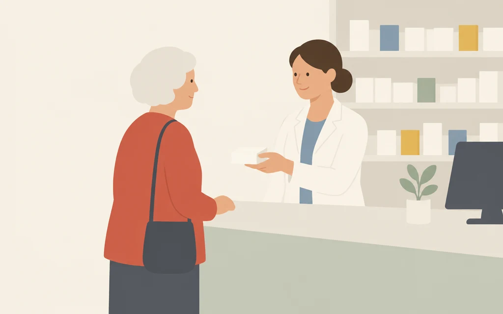Mevrouw Bakker krijgt een doosje van de assistente bij de apotheek.