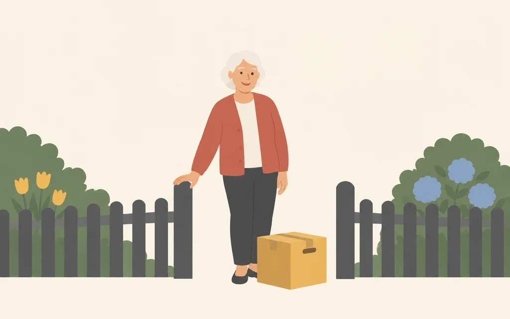 Een oudere vrouw staat bij het hek van een voortuin.