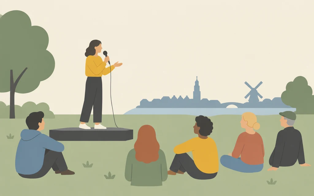 Iemand spreekt in een microfoon op een klein podium in een park; mensen luisteren.