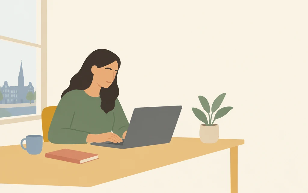Een vrouw werkt alleen aan een bureau met een laptop.