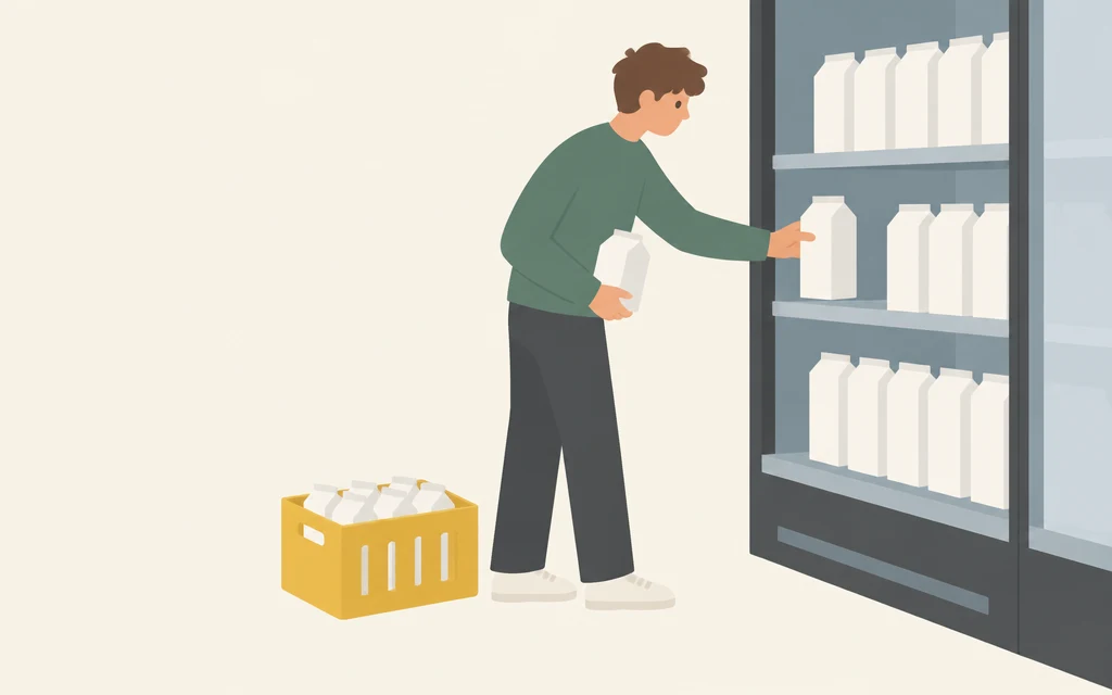 Een jongen zet pakken melk in de koeling van een supermarkt.