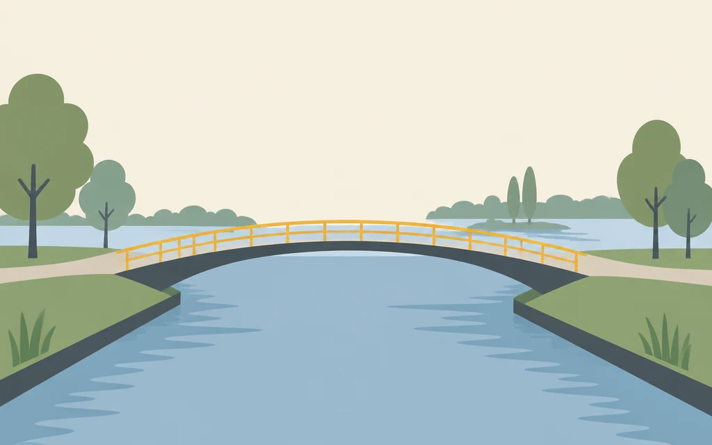 Een nieuwe fietsbrug over een kanaal, met bomen en water aan de overkant.