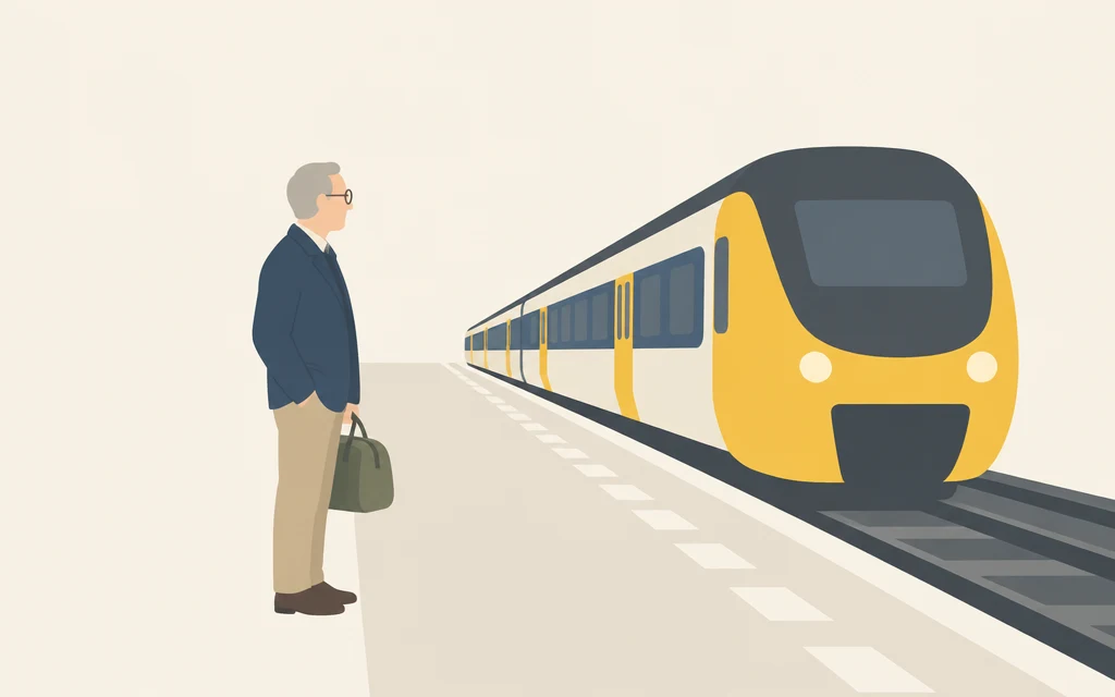 Meneer De Vries staat met een reistas op een perron terwijl een trein aankomt.