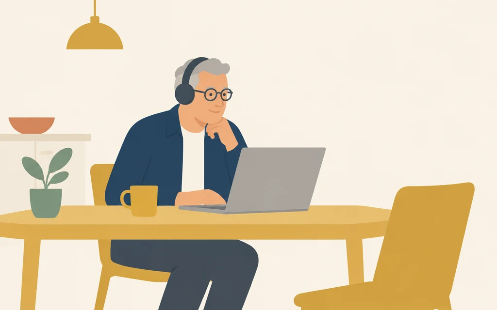 Een man zit thuis aan tafel met een laptop en een koptelefoon.