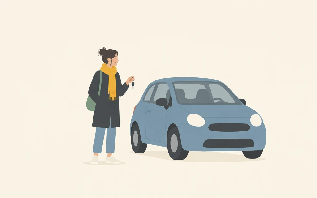 Roos staat met een sleutel in haar hand naast een geparkeerde auto.