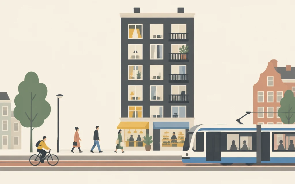 Een hoog flatgebouw aan een drukke straat in de stad.