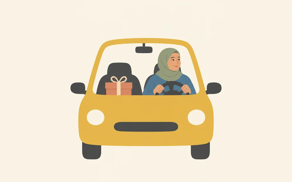 Een vrouw rijdt in een auto met een cadeau naast zich.