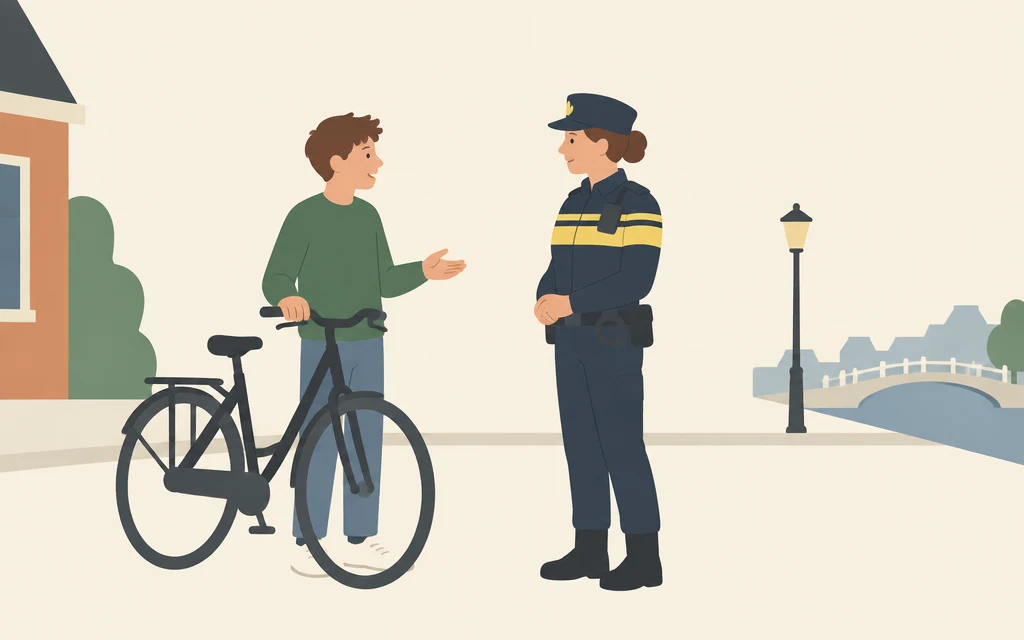 Sem praat op straat met een politieagent; naast hem staat een fiets.