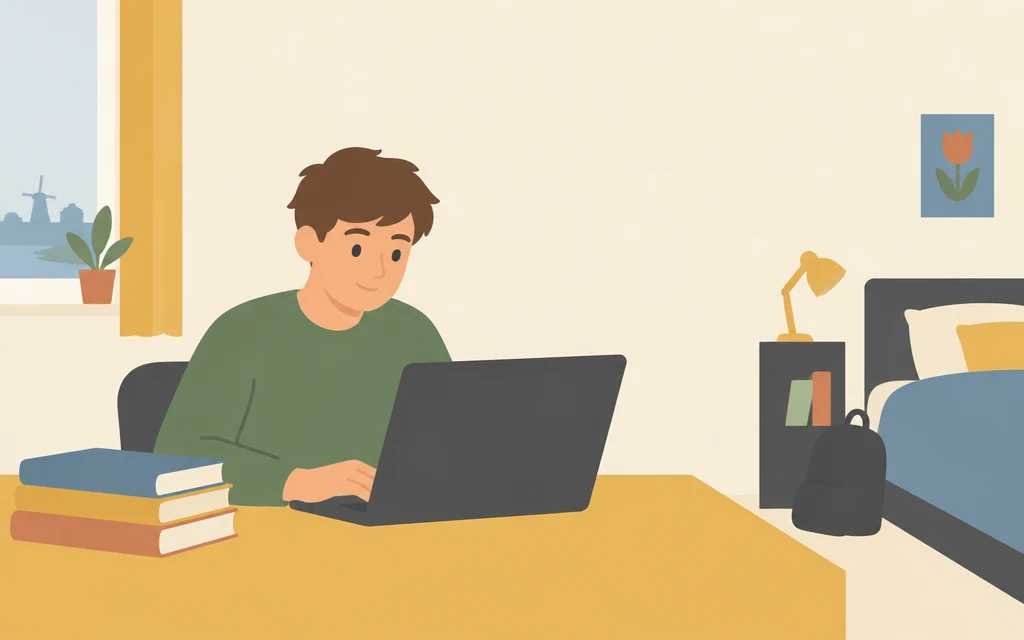 Sem zit aan een bureau met een laptop en een stapel boeken.