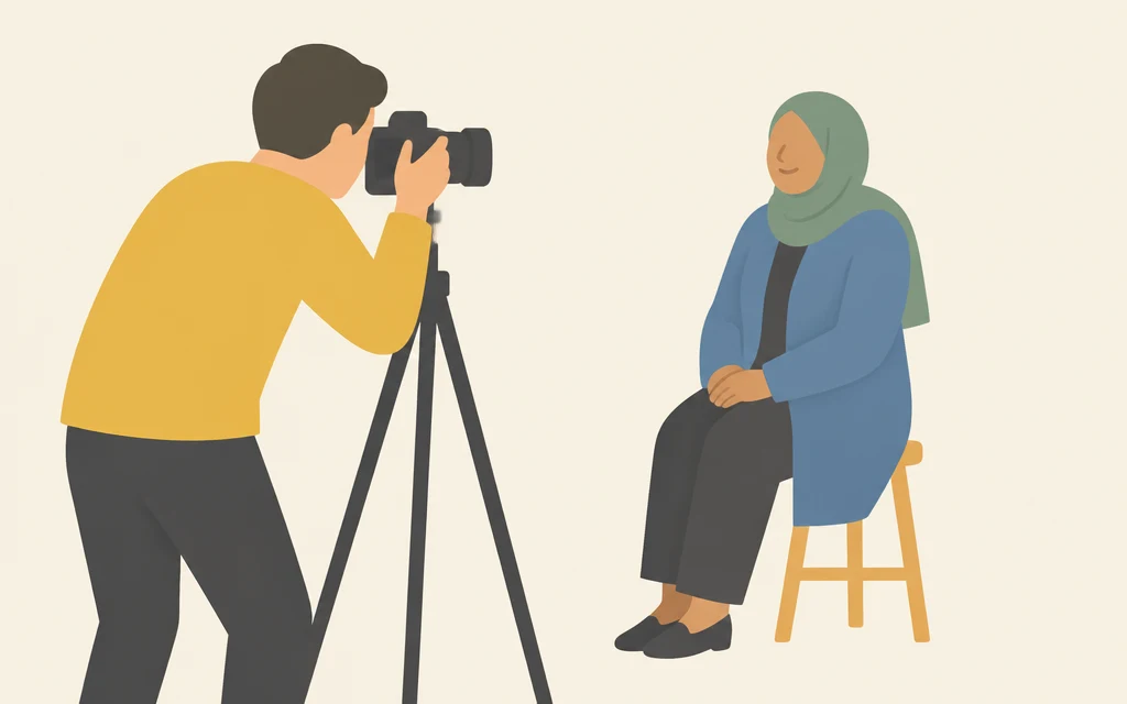 Een vrouw laat een pasfoto maken bij een fotograaf.