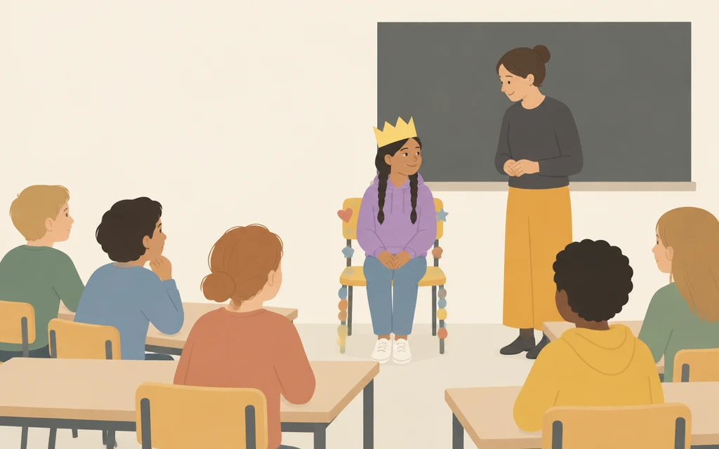 Amina zit met een papieren kroon op een versierde stoel voor de klas.