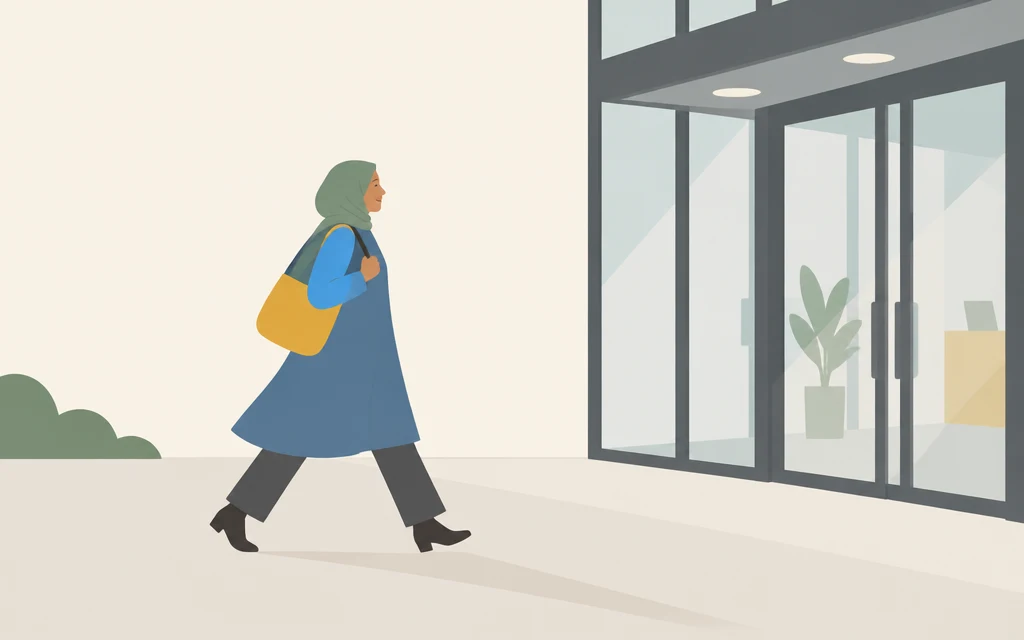Fatima loopt met een tas over haar schouder naar de ingang van een kantoorgebouw.