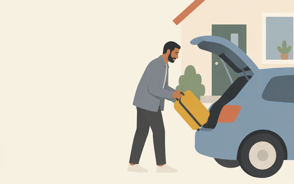 Een man zet een koffer in de auto.