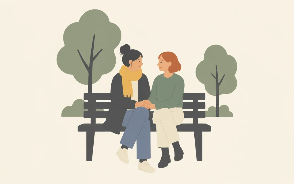 Roos zit met een andere jonge vrouw op een bankje in het park; ze houden elkaars hand vast.