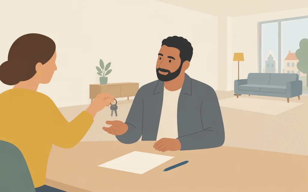 Karim krijgt aan een tafel sleutels van een vrouw; op tafel ligt een papier.