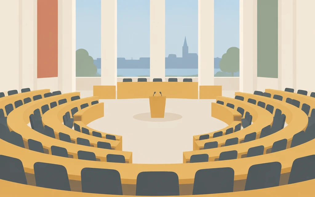 Een grote vergaderzaal met rijen stoelen rond een spreekgestoelte.