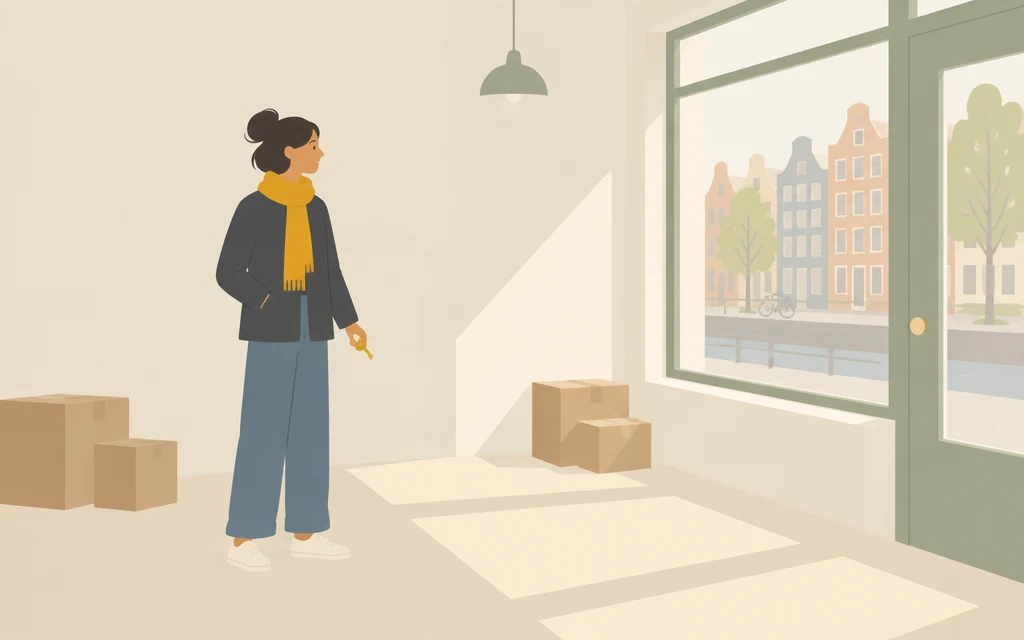 Roos staat met een sleutel in haar hand in een lege winkelruimte.