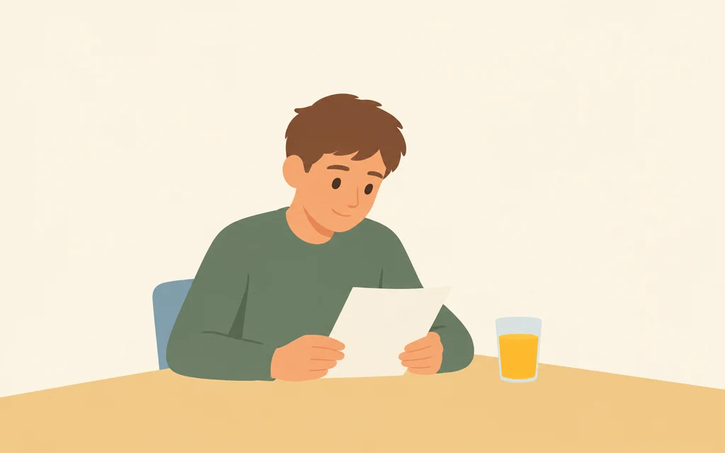 Sem leest aan de keukentafel een brief.