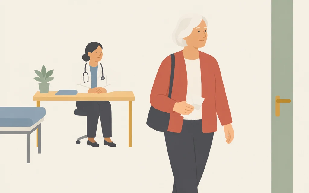 Mevrouw Bakker loopt met een papiertje in haar hand de spreekkamer van een dokter uit.