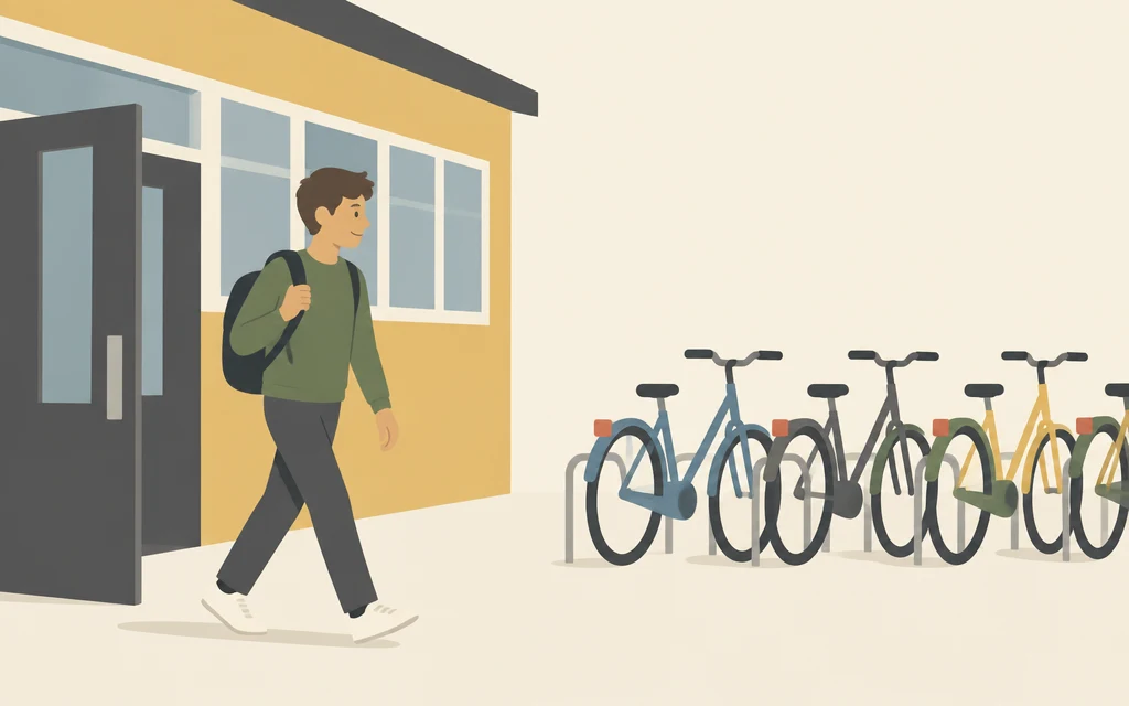 Sem loopt met een rugzak een schoolgebouw uit; voor de school staan fietsen.