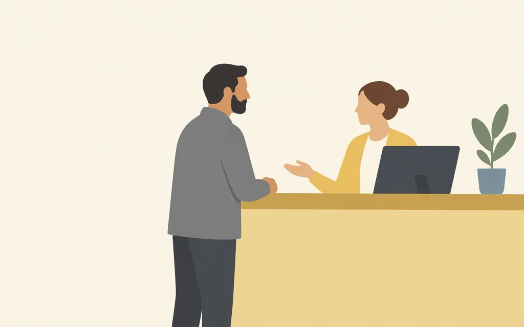Een man staat aan een balie en praat met een medewerker.