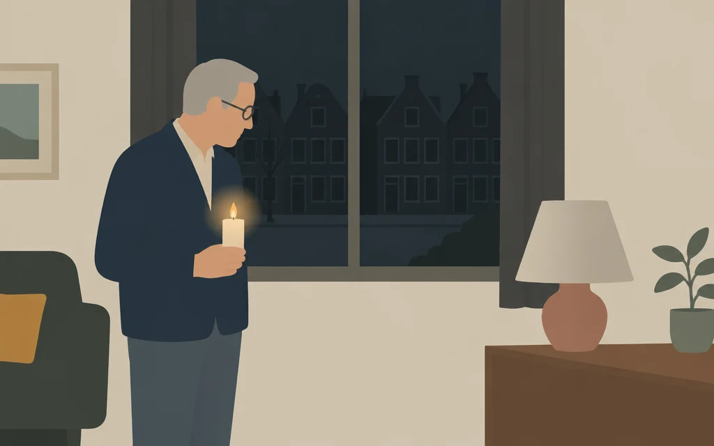 Meneer De Vries staat in een donkere kamer met een kaars in zijn hand.