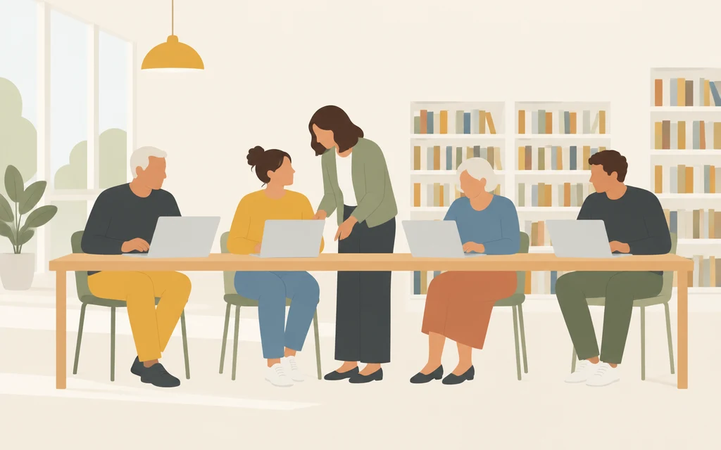 Volwassenen zitten met laptops aan een tafel in de bibliotheek terwijl een docent helpt.