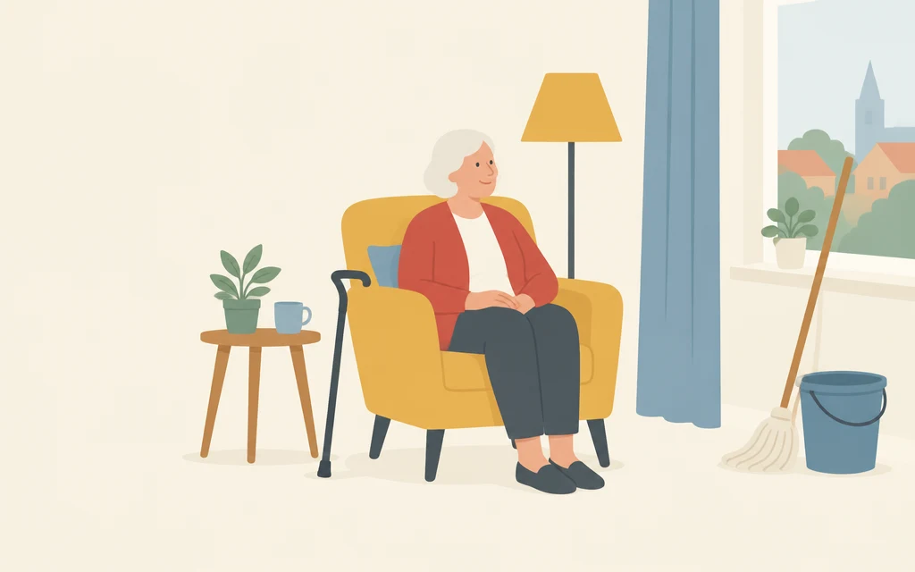 Mevrouw Bakker zit in een stoel in haar woonkamer; bij het raam staan een emmer en een dweil.