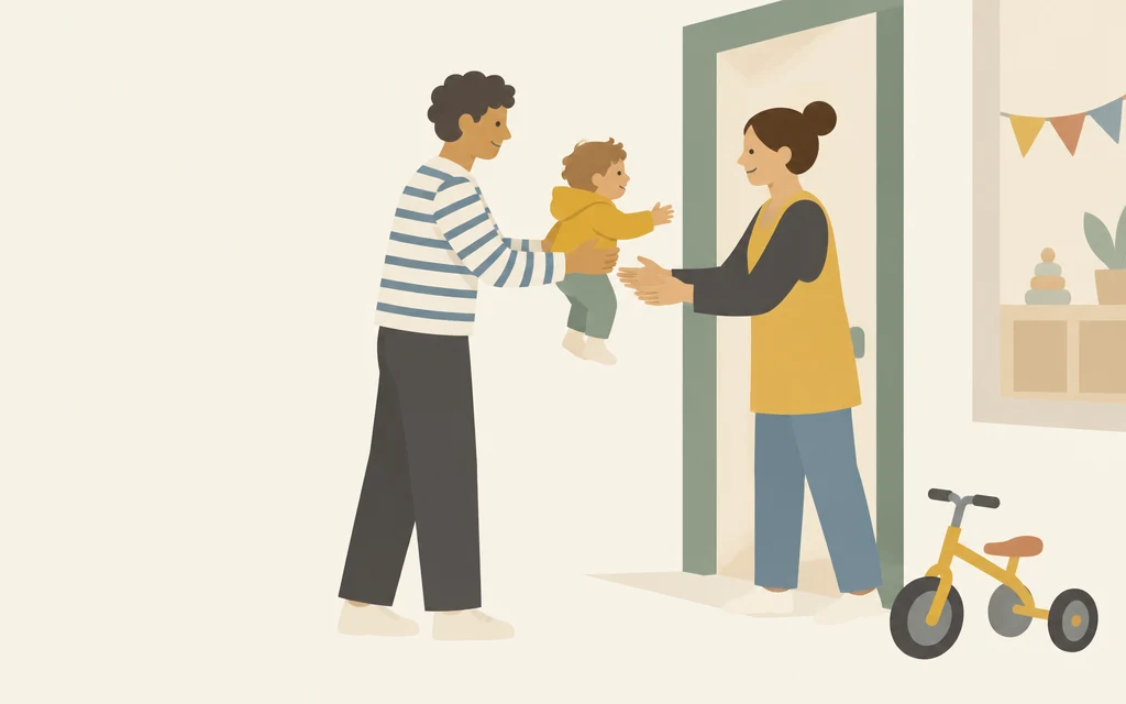 Julio geeft een peuter aan een medewerker bij de deur van een kinderopvang.