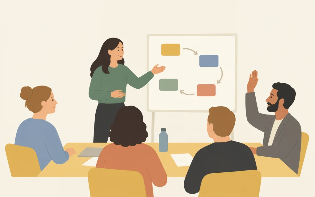 Een vrouw staat bij een whiteboard en praat met vier collega's aan een tafel.