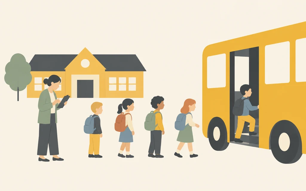Kinderen met rugzakken stappen in een bus voor de school; een leraar telt ze.