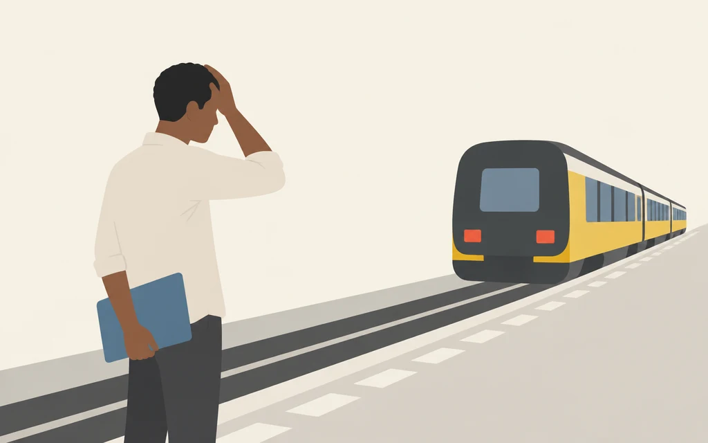 Een jonge man staat op een perron en kijkt naar een trein die wegrijdt.